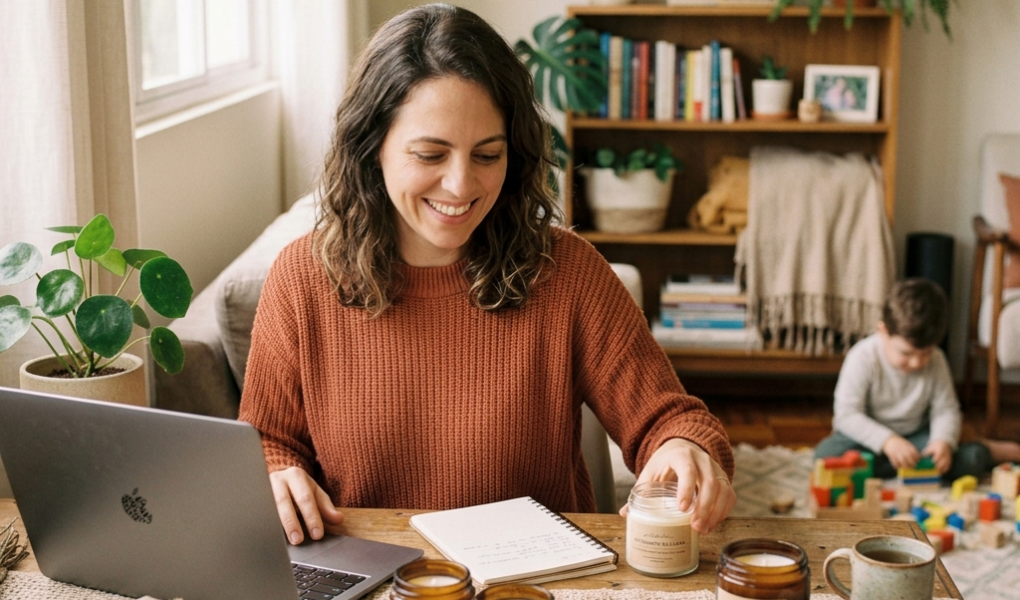 mãe sorrindo em casa trabalhando no notebook com filho pequeno por perto
