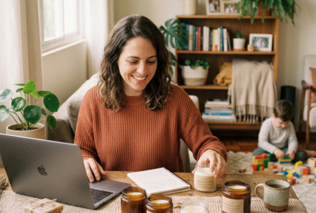 mãe sorrindo em casa trabalhando no notebook com filho pequeno por perto