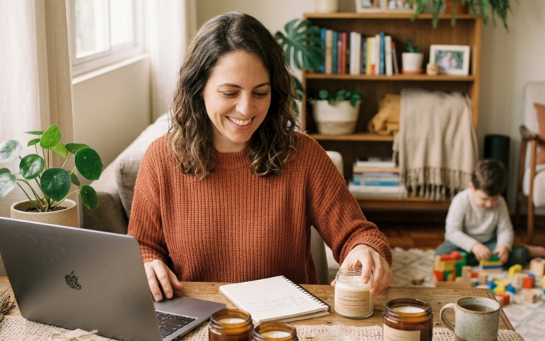 mãe sorrindo em casa trabalhando no notebook com filho pequeno por perto