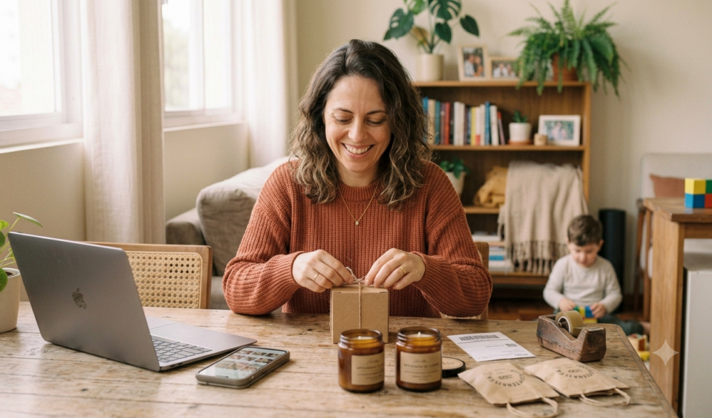 mãe organizando produtos personalizados em casa para vender online