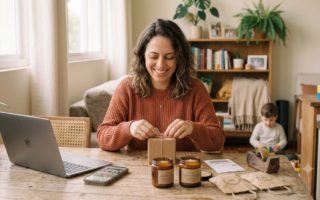 mãe organizando produtos personalizados em casa para vender online