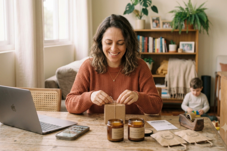 mãe organizando produtos personalizados em casa para vender online