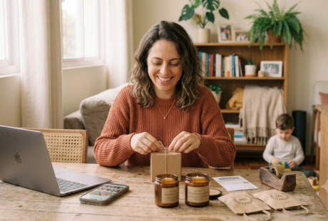 mãe organizando produtos personalizados em casa para vender online