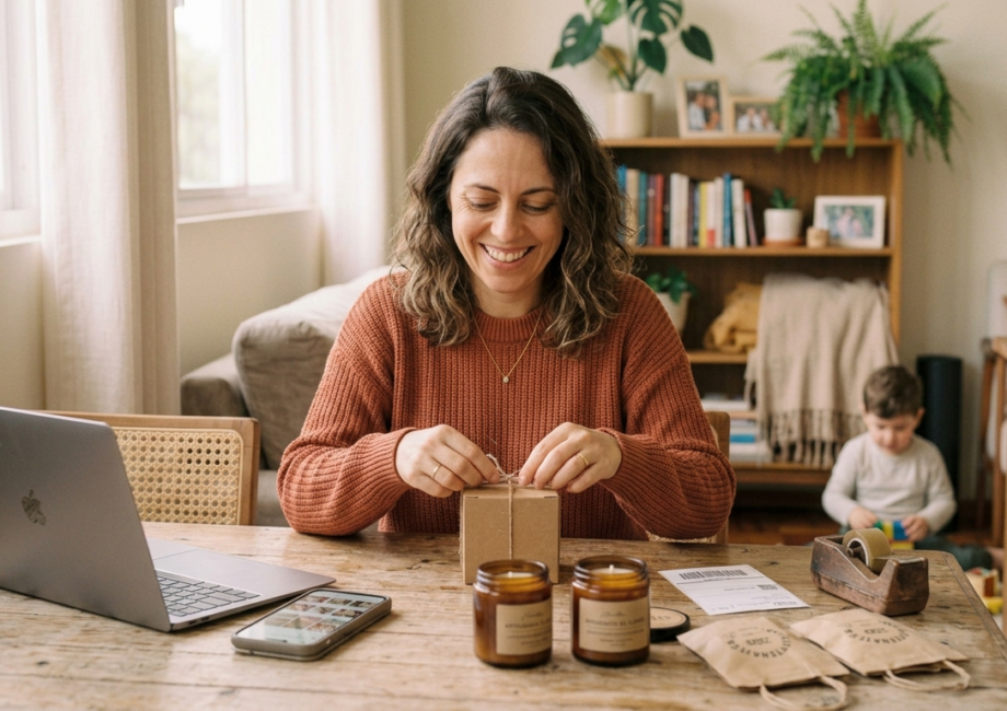 mãe organizando produtos personalizados em casa para vender online