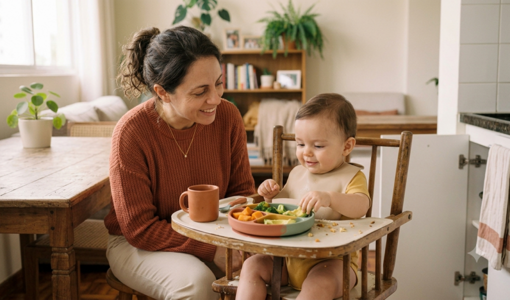bebê sentado na cadeira alta experimentando comida pela primeira vez