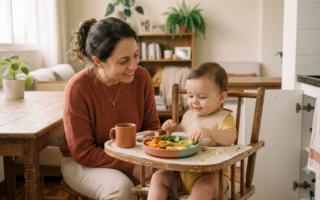 bebê sentado na cadeira alta experimentando comida pela primeira vez