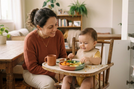 bebê sentado na cadeira alta experimentando comida pela primeira vez
