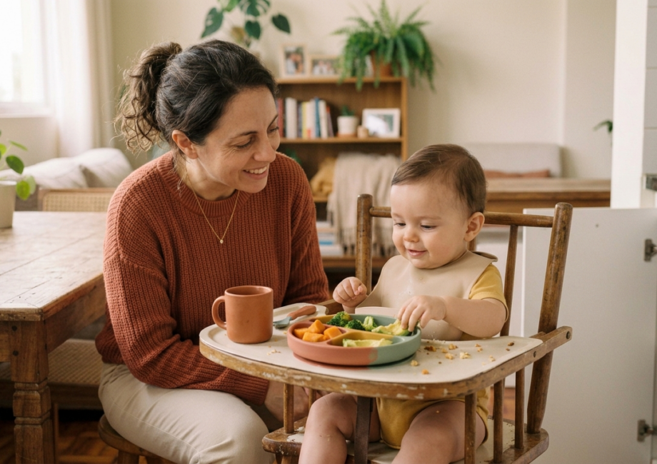bebê sentado na cadeira alta experimentando comida pela primeira vez