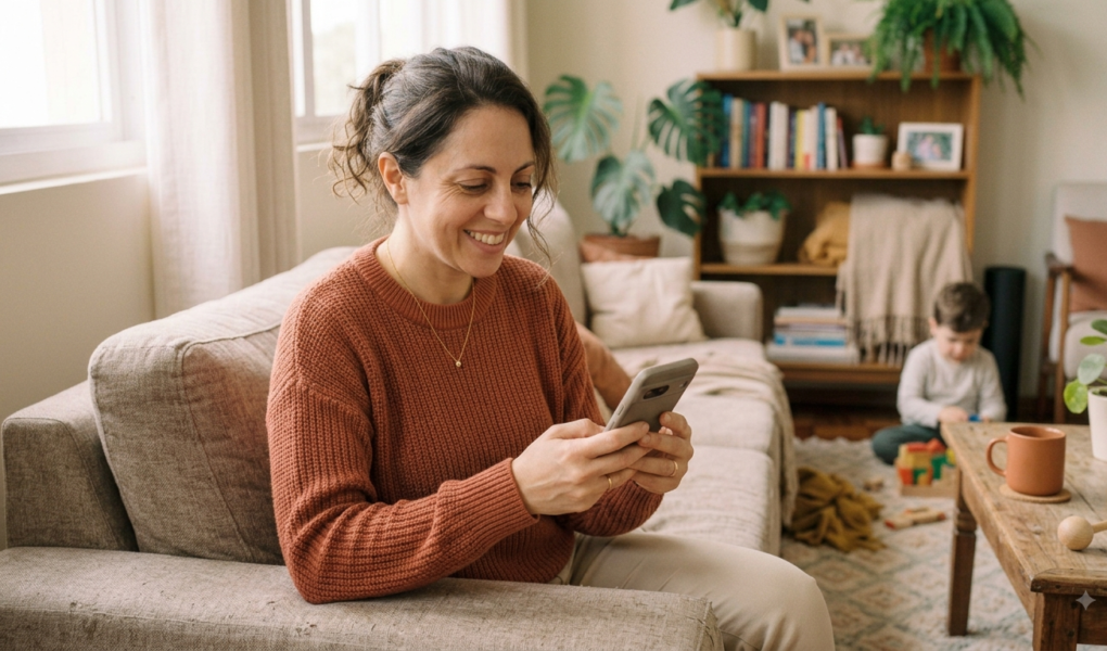 mãe usando o celular em casa para divulgar produtos como afiliada