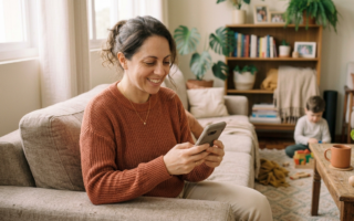 mãe usando o celular em casa para divulgar produtos como afiliada