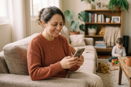 mãe usando o celular em casa para divulgar produtos como afiliada