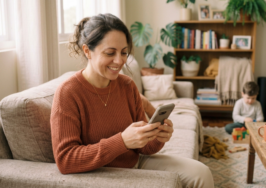 mãe usando o celular em casa para divulgar produtos como afiliada